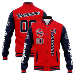 Benutzerdefinierte Varsity-Jacke. Letterman-Jacke für Männer, Frauen und Jugendliche Marine Rot