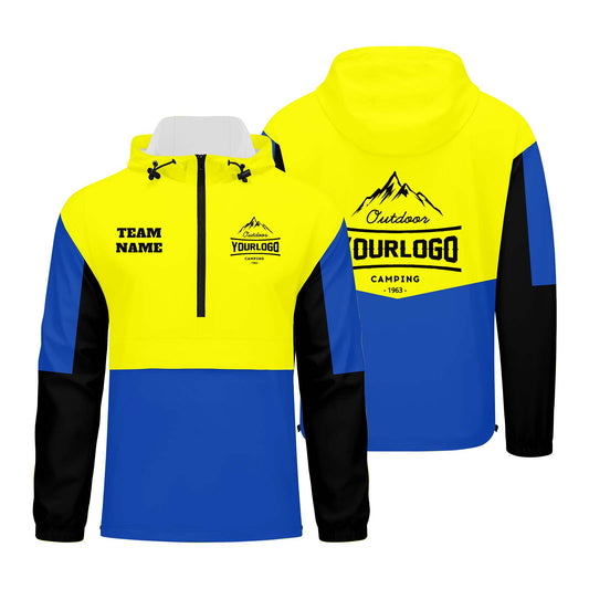 Anpassbare Gelb Blau Schwarz Winddichte Softshell Kapuzenjacke - Vollverschluss, Logo- & Text-Druck