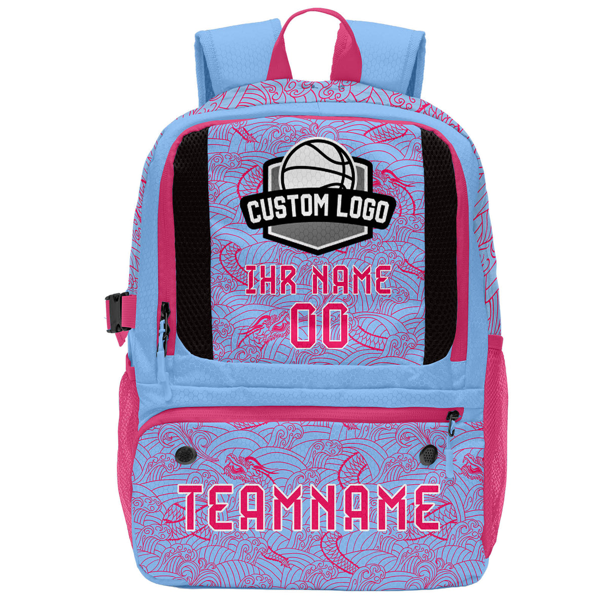 Personalisierter Basketball - und Fußballrucksack in Blau & Rosa und Rot mit Spielernamen & Nummern und Teamlogo #BP-0919-0006