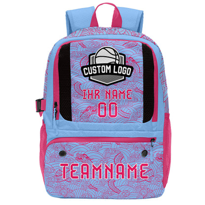 Personalisierter Basketball - und Fußballrucksack in Blau & Rosa und Rot mit Spielernamen & Nummern und Teamlogo #BP-0919-0006