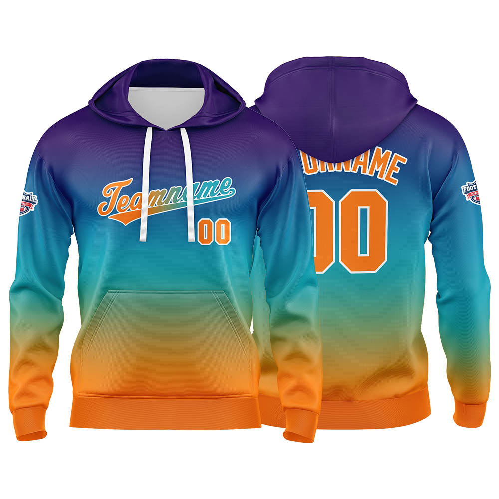 Benutzerdefinierter Verlauf Hoodie für Mann, Frau, Mädchen, Junge. Drucken Sie Ihr Logo, Ihren Namen und Ihre Nummer Hellblau Orange