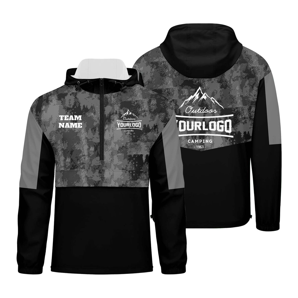 Anpassbare Grau  Camouflage Winddichte Softshell Kapuzenjacke - Vollverschluss, Logo- & Text-Druck