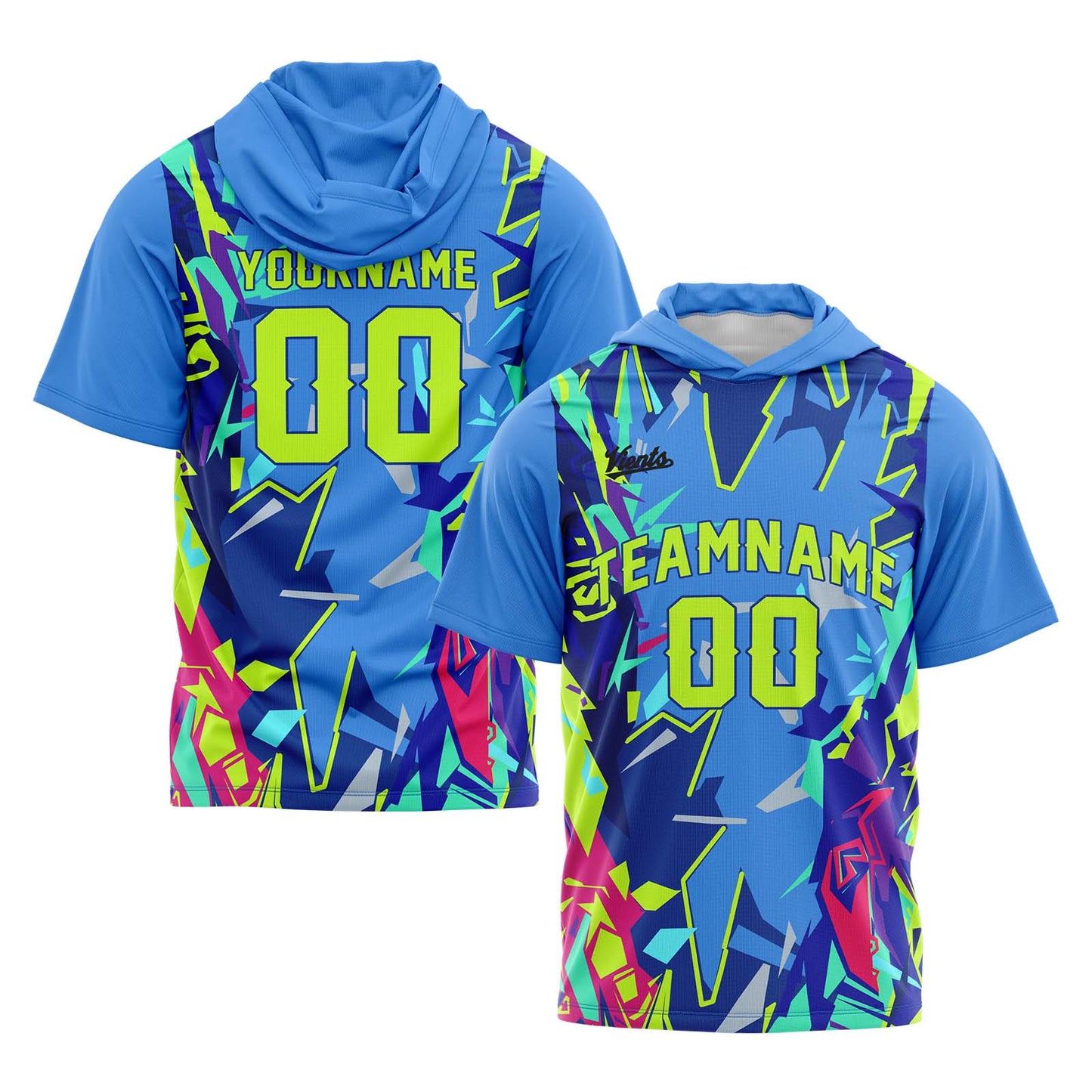Benutzerdefinierte Blau Neon Grün Kurzarm-Kapuzenpullover für Männer Frauen Hemden mit Kapuzen gedruckt Name Logo