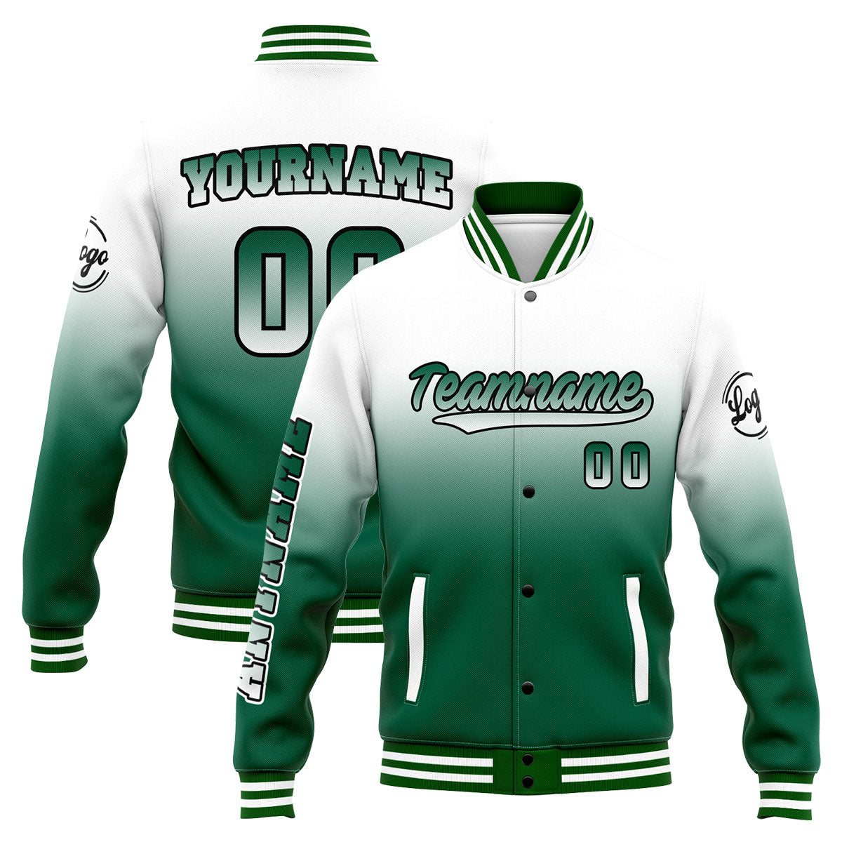 Benutzerdefinierte Verlauf Varsity-Jacke. Letterman-Jacke Weiß Grün