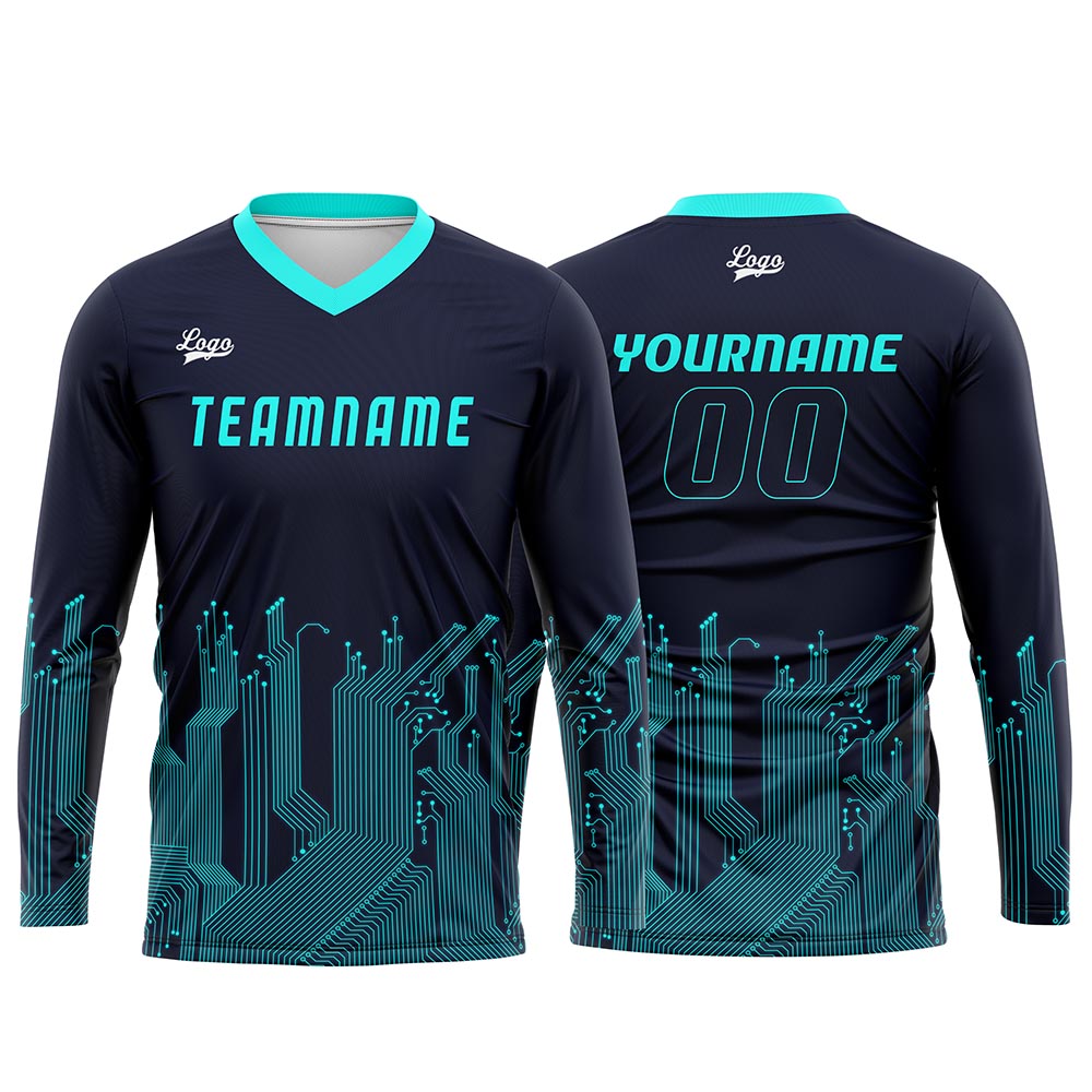 Kundenspezifisches Dunkelblau Cyan Basketball Fußball Schießen langes T-Shirt für Erwachsene und Kinder