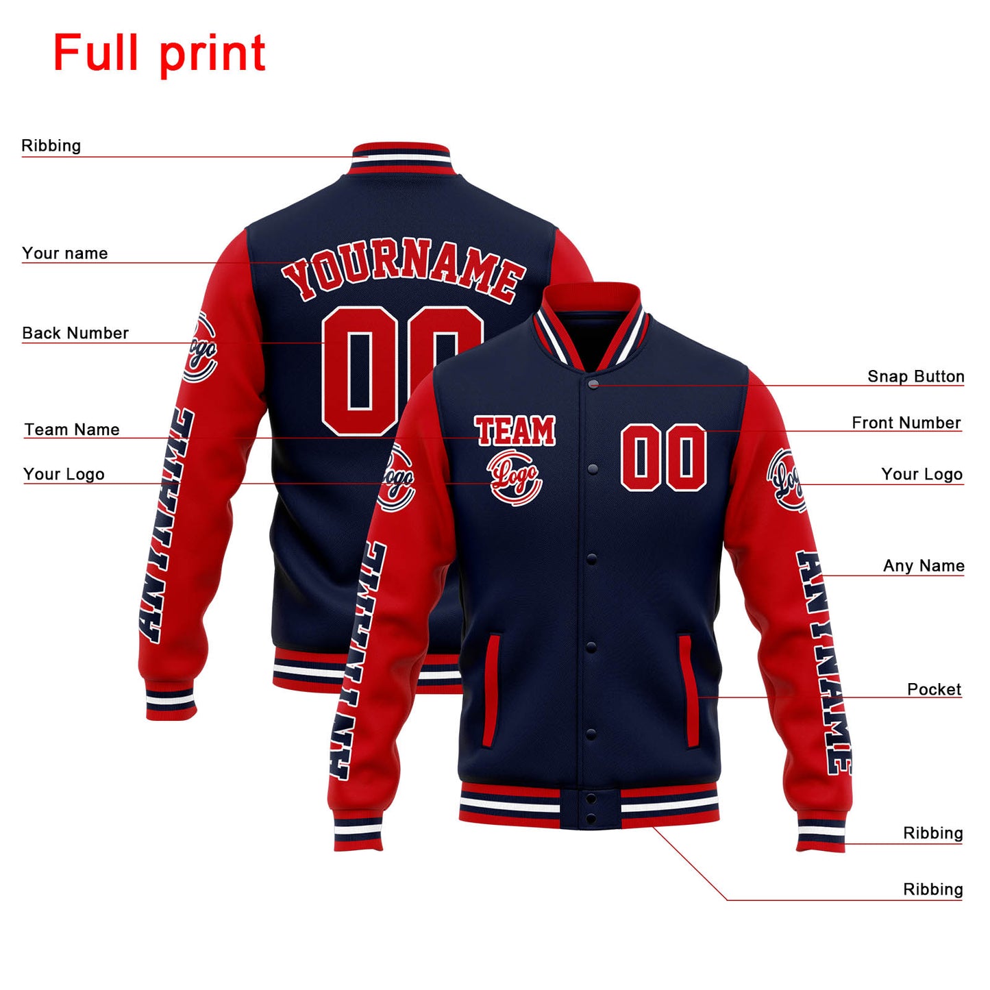 Benutzerdefinierte Varsity-Jacke. Letterman-Jacke für Männer, Frauen und Jugendliche Marine Rot