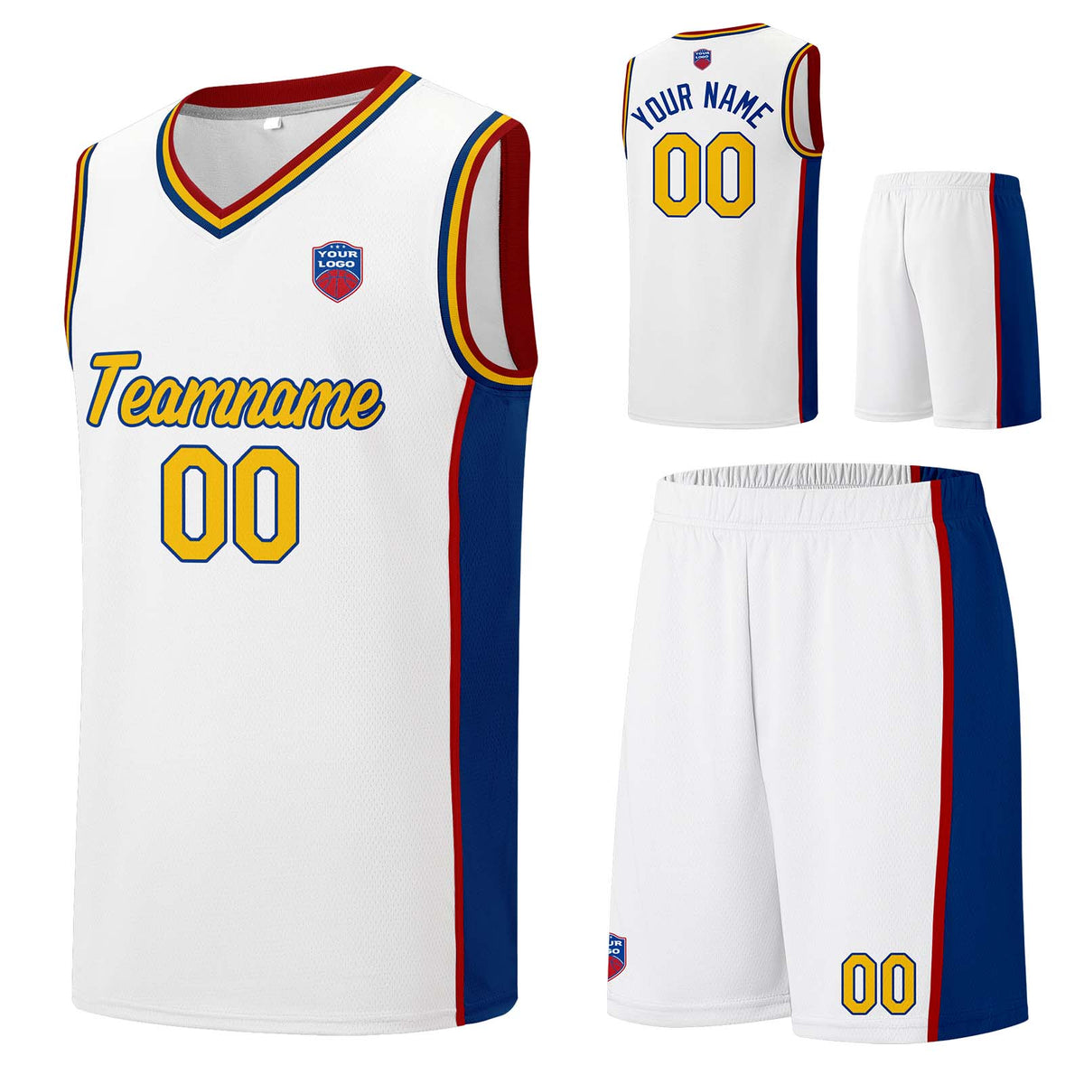 Individuelle Basketball-Jersey-Shorts für Männer und Frauen. Gestickter und gedruckter Name, Nummer und Logo Weiß &Royal