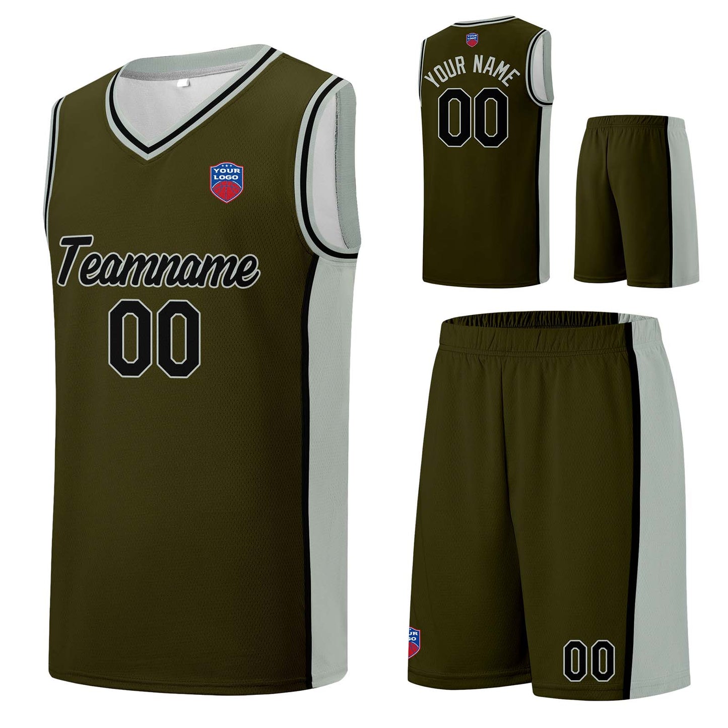 Individuelle Basketball-Jersey-Shorts für Männer und Frauen. Gestickter und gedruckter Name, Nummer und Logo Olivgrün&Grau