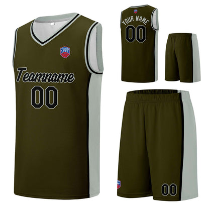 Individuelle Basketball-Jersey-Shorts für Männer und Frauen. Gestickter und gedruckter Name, Nummer und Logo Olivgrün&Grau