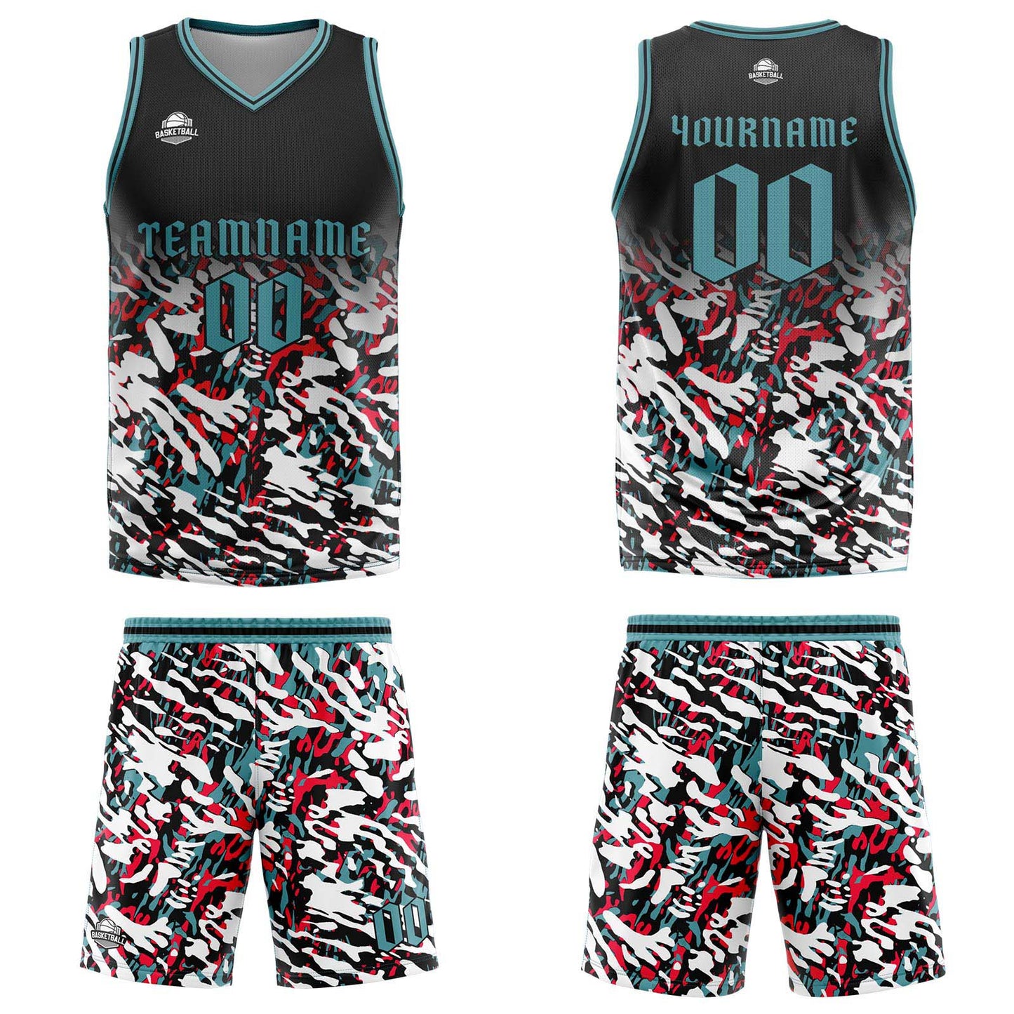 Benutzerdefinierter Schwarz Rot Grün Basketball Jersey Uniform Anzug gedruckt Ihr Logo Name Nummer