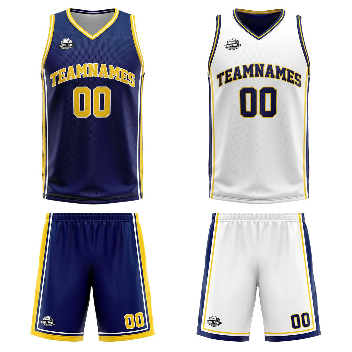 Benutzerdefinierte Marine Gelb Weiß Reversible Basketball Jersey Personalisierte Print Name Nummer Logo