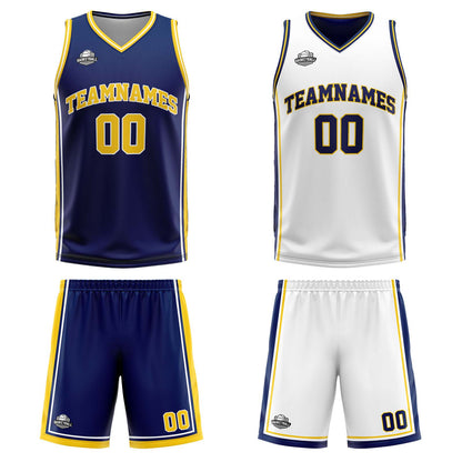 Benutzerdefinierte Marine Gelb Weiß Reversible Basketball Jersey Personalisierte Print Name Nummer Logo
