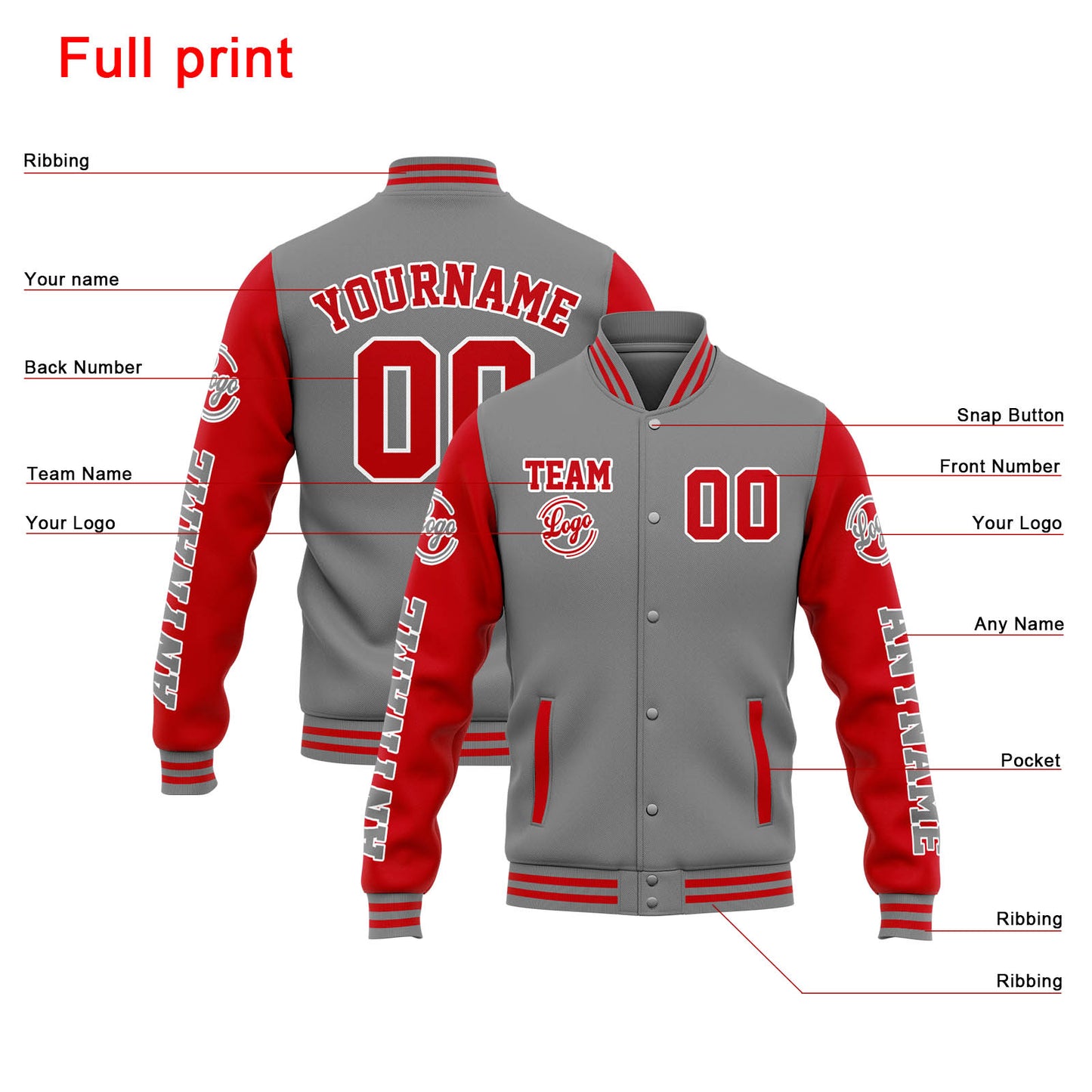 Benutzerdefinierte Varsity-Jacke. Letterman-Jacke für Männer, Frauen und Jugendliche Grau Rot