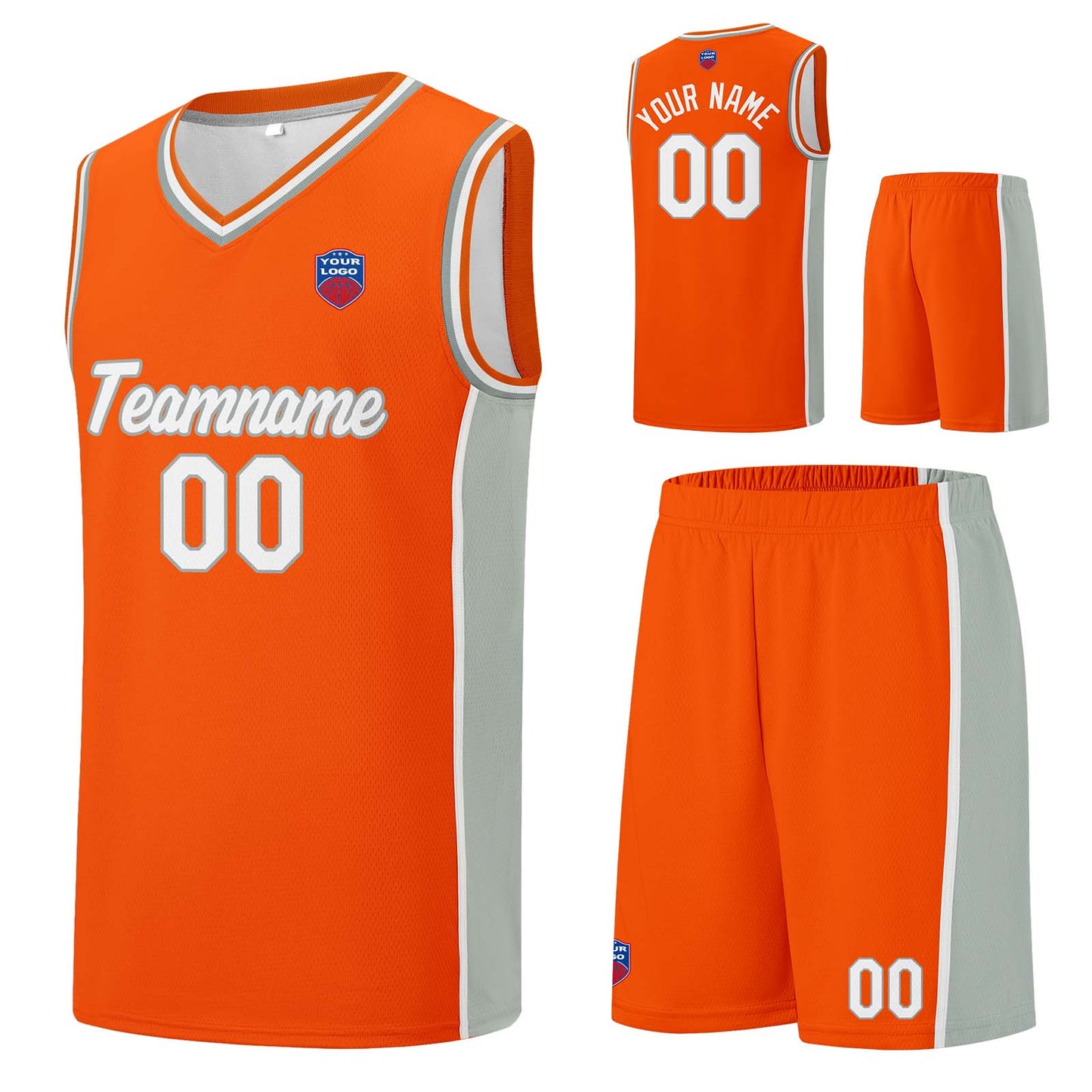 Individuelle Basketball-Jersey-Shorts für Männer und Frauen. Gestickter und gedruckter Name, Nummer und Logo Orange&Grau