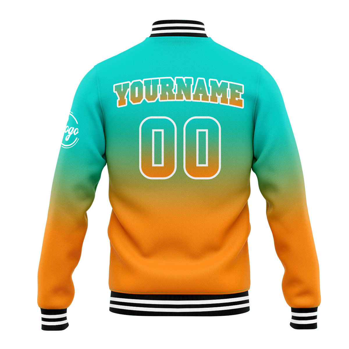 Benutzerdefinierte Verlauf Varsity-Jacke. Letterman-Jacke Teal Orange