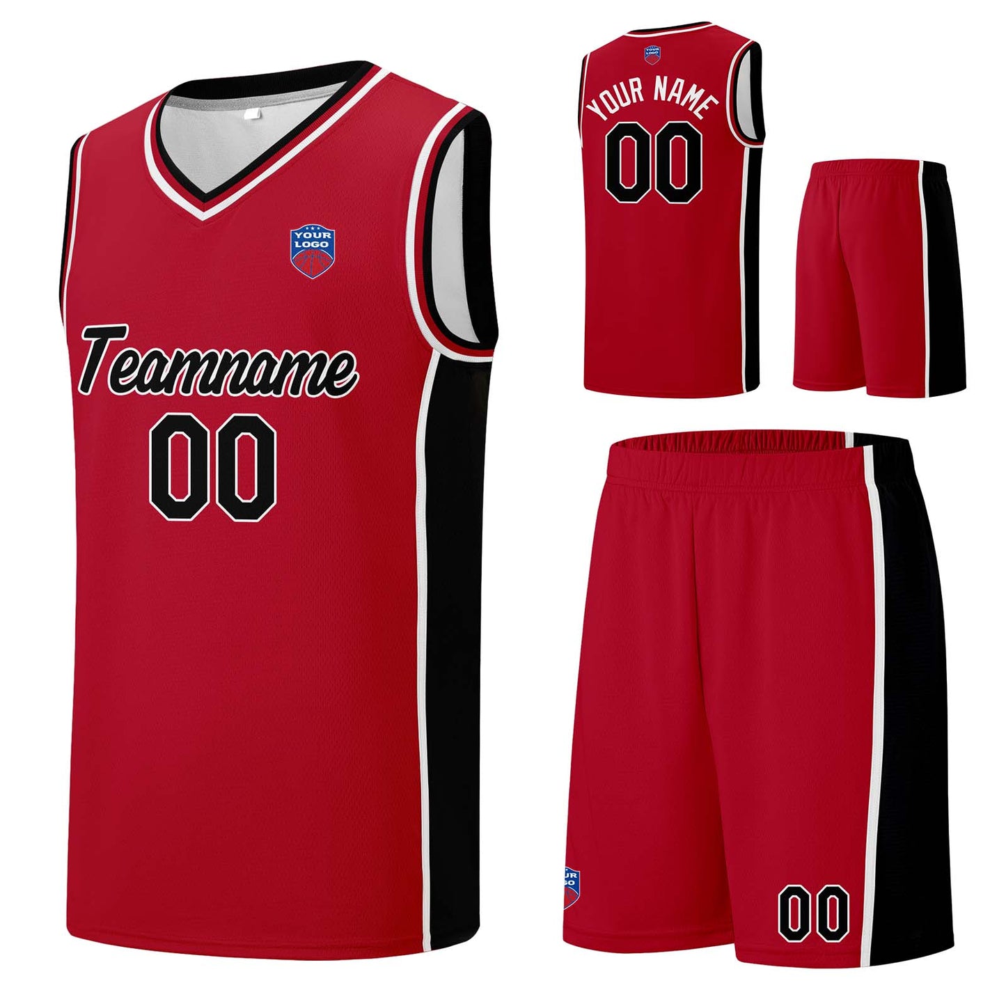 Individuelle Basketball-Jersey-Shorts für Männer und Frauen. Gestickter und gedruckter Name, Nummer und Logo Rot