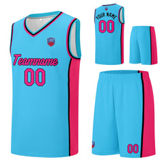 Individuelle Basketball-Jersey-Shorts für Männer und Frauen. Gestickter und gedruckter Name, Nummer und Logo Hellblau&Pink