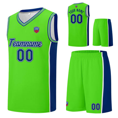 Individuelle Basketball-Jersey-Shorts für Männer und Frauen. Gestickter und gedruckter Name, Nummer und Logo Neon Grün&Royal