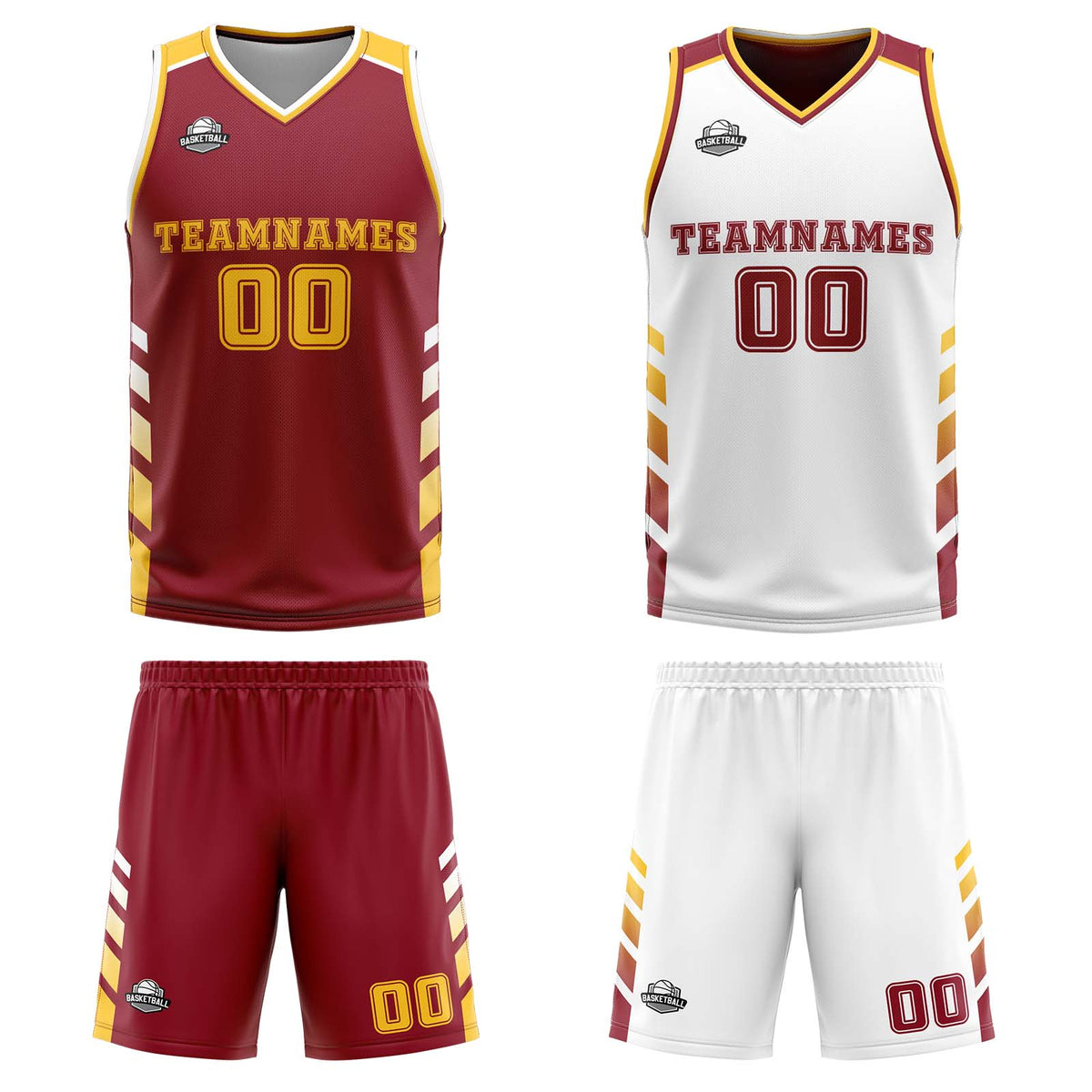 Benutzerdefinierte Burgund Weiß Gelb Reversible Basketball Jersey Personalisierte Print Name Nummer Logo