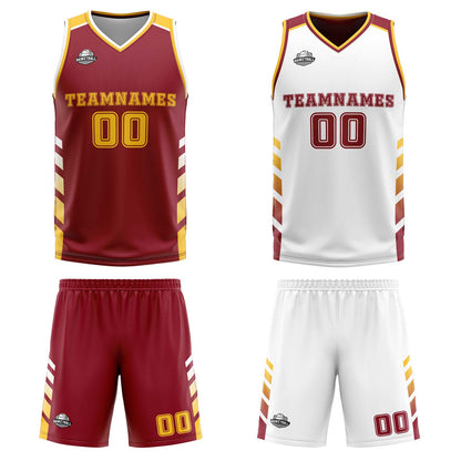 Benutzerdefinierte Burgund Weiß Gelb Reversible Basketball Jersey Personalisierte Print Name Nummer Logo