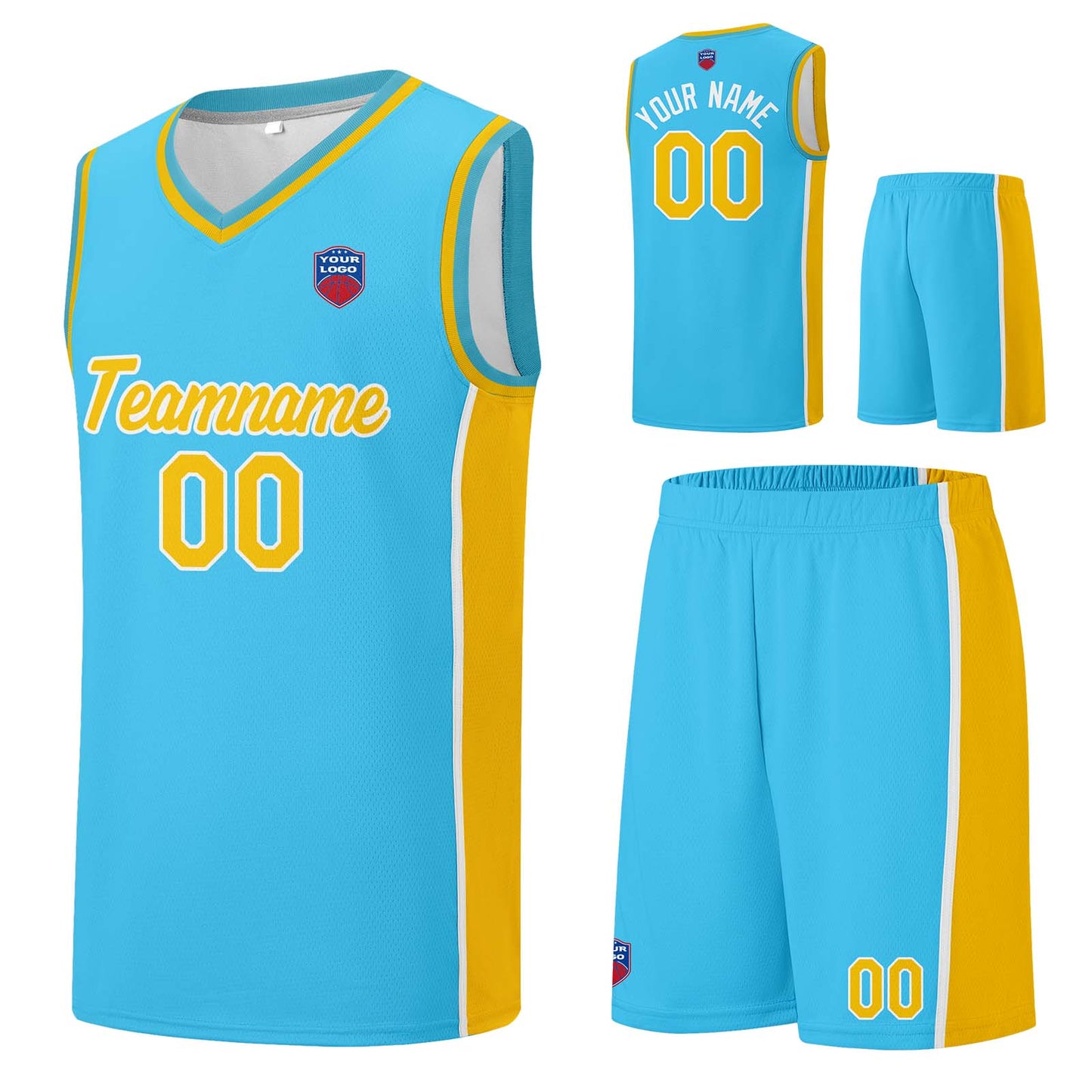 Individuelle Basketball-Jersey-Shorts für Männer und Frauen. Gestickter und gedruckter Name, Nummer und Logo Hellblau&Gelb