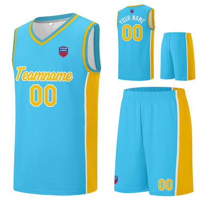 Individuelle Basketball-Jersey-Shorts für Männer und Frauen. Gestickter und gedruckter Name, Nummer und Logo Hellblau&Gelb