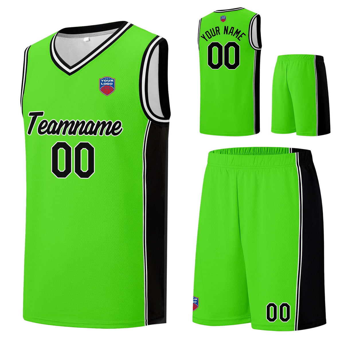 Individuelle Basketball-Jersey-Shorts für Männer und Frauen. Gestickter und gedruckter Name, Nummer und Logo Neongrün