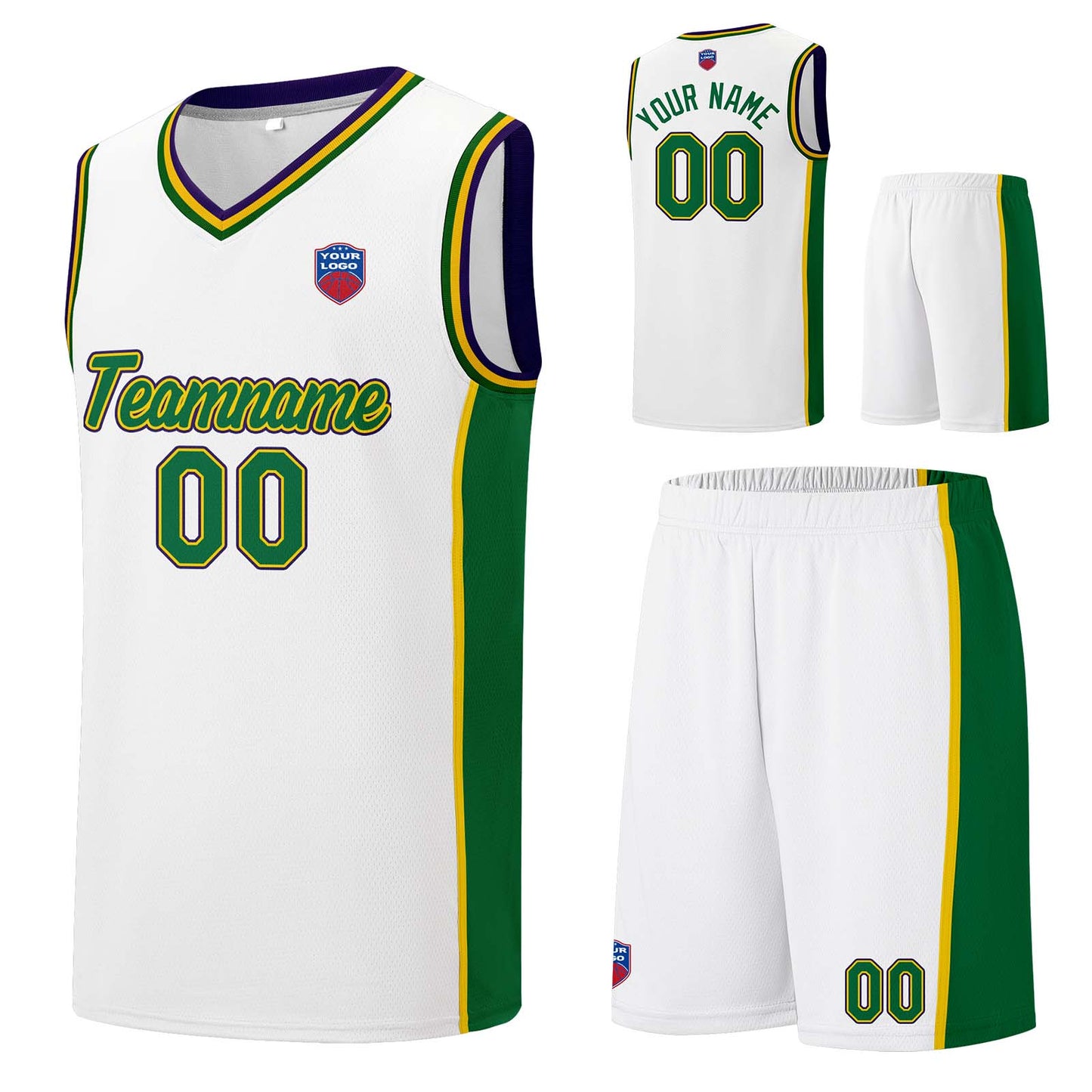 Individuelle Basketball-Jersey-Shorts für Männer und Frauen. Gestickter und gedruckter Name, Nummer und Logo Weiß&Grün&Gelb&Lila