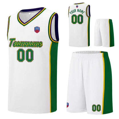 Individuelle Basketball-Jersey-Shorts für Männer und Frauen. Gestickter und gedruckter Name, Nummer und Logo Weiß&Grün&Gelb&Lila