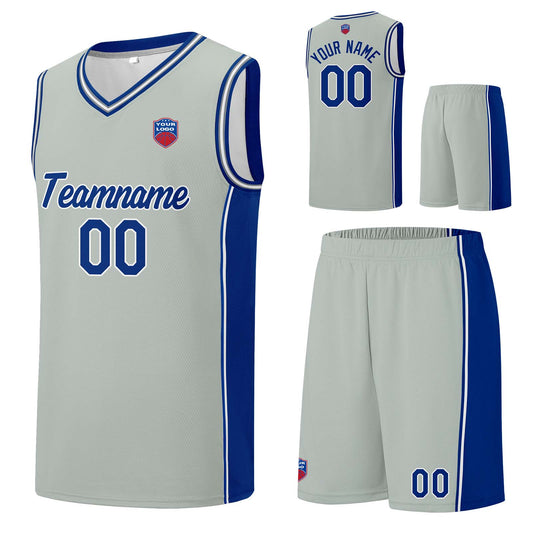 Individuelle Basketball-Jersey-Shorts für Männer und Frauen. Gestickter und gedruckter Name, Nummer und Logo Grau