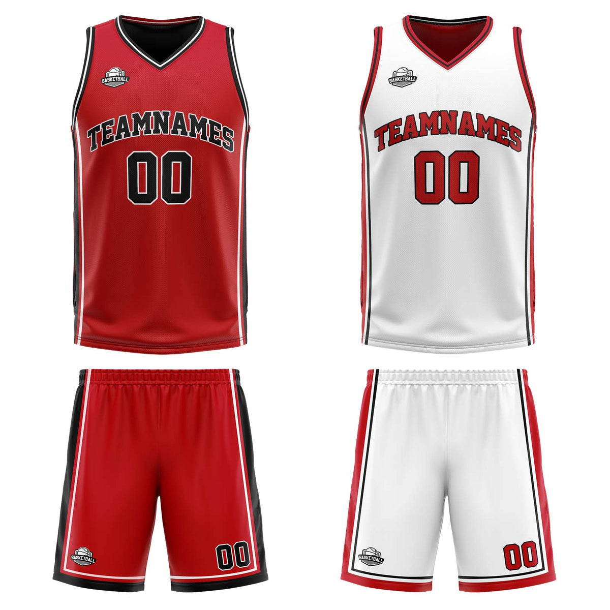 Benutzerdefinierte Rot Weiß Schwarz Reversible Basketball Jersey Personalisierte Print Name Nummer Logo