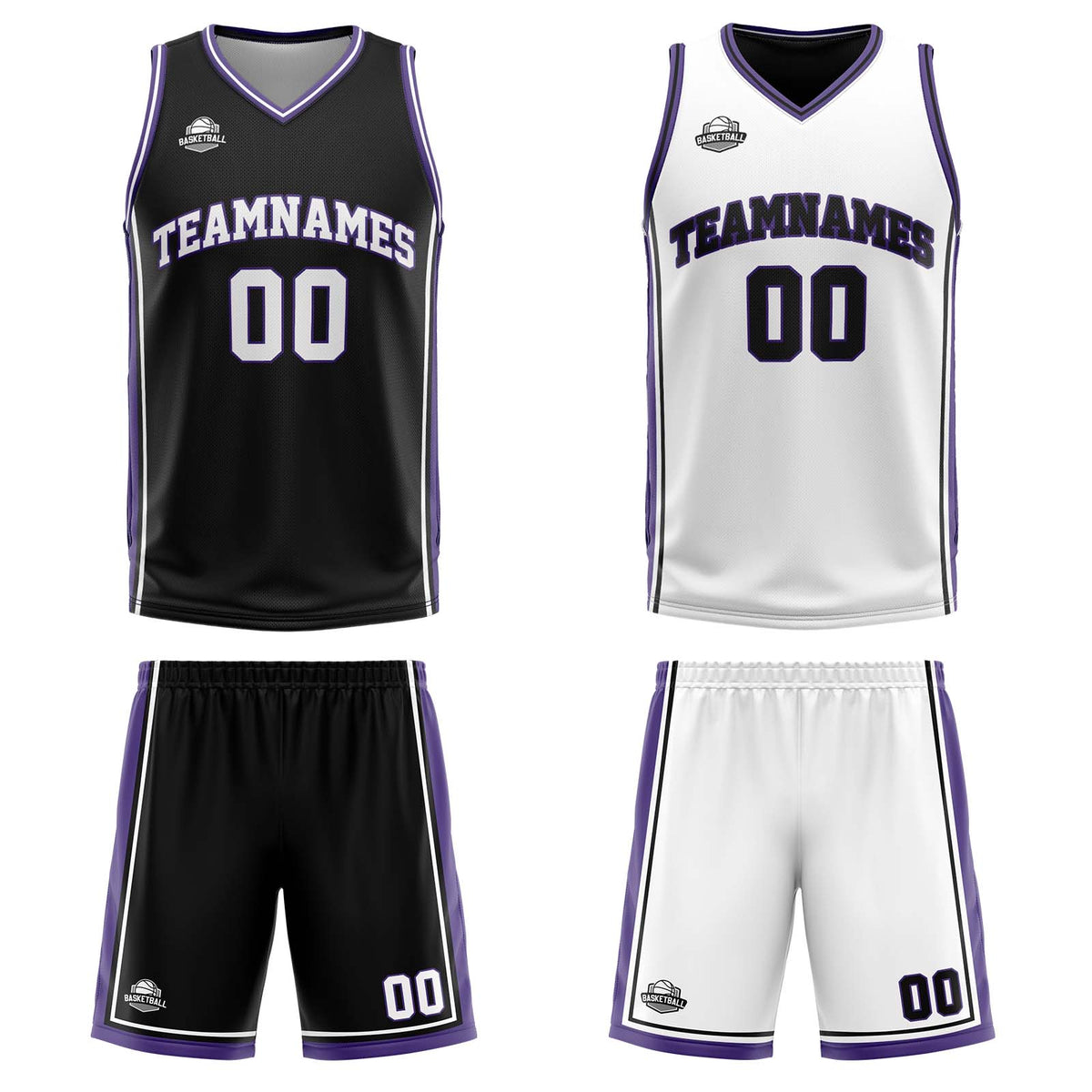Benutzerdefinierte Schwarz Weiß Lila Reversible Basketball Jersey Personalisierte Print Name Nummer Logo