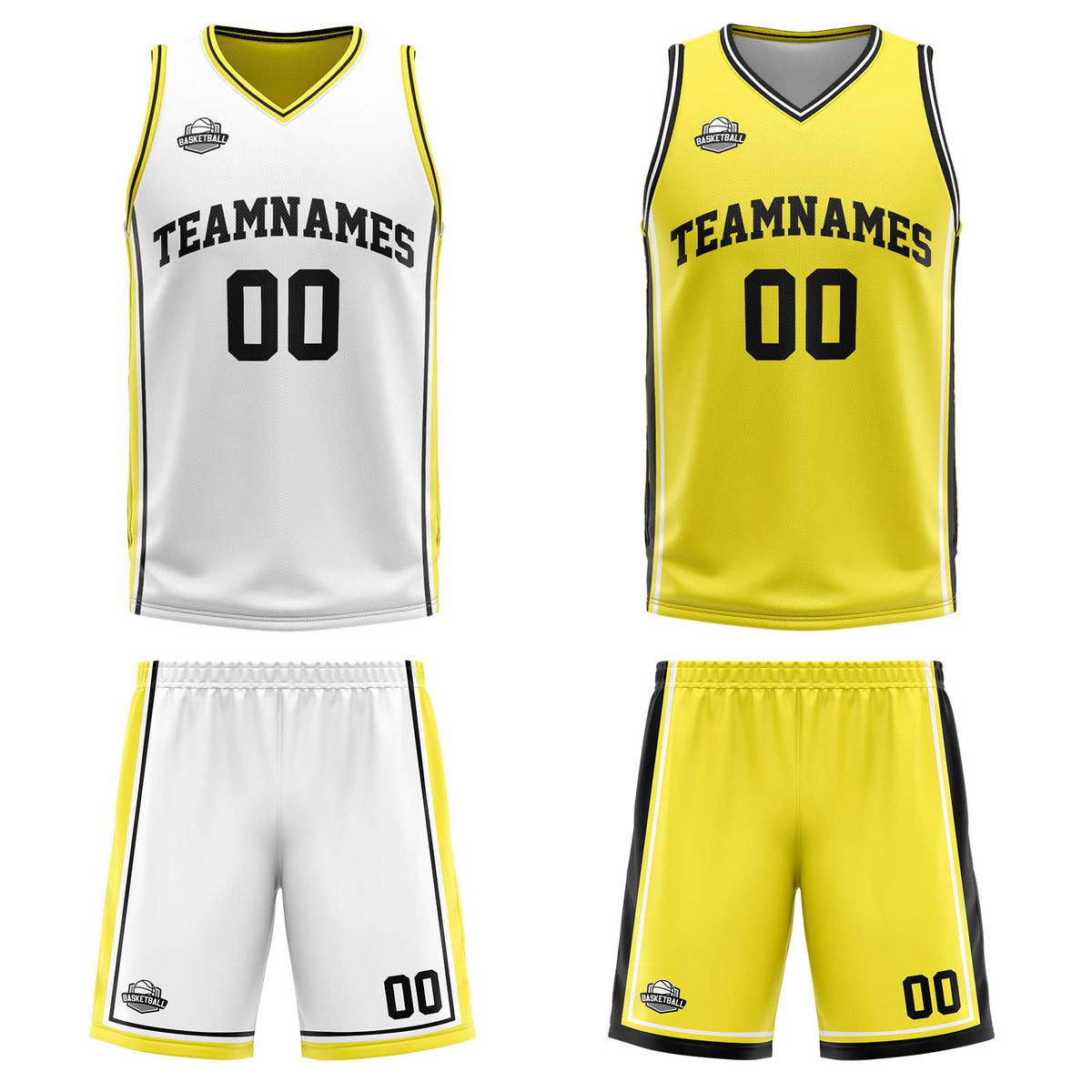 Benutzerdefinierte Weiß Gelb Schwarz Reversible Basketball Jersey Personalisierte Print Name Nummer Logo