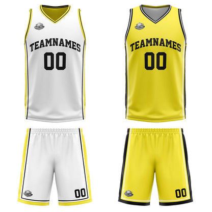 Benutzerdefinierte Weiß Gelb Schwarz Reversible Basketball Jersey Personalisierte Print Name Nummer Logo