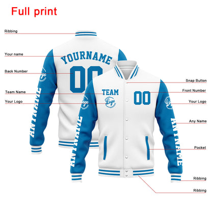 Benutzerdefinierte Varsity-Jacke. Letterman-Jacke für Männer, Frauen und Jugendliche  Weiß Blau