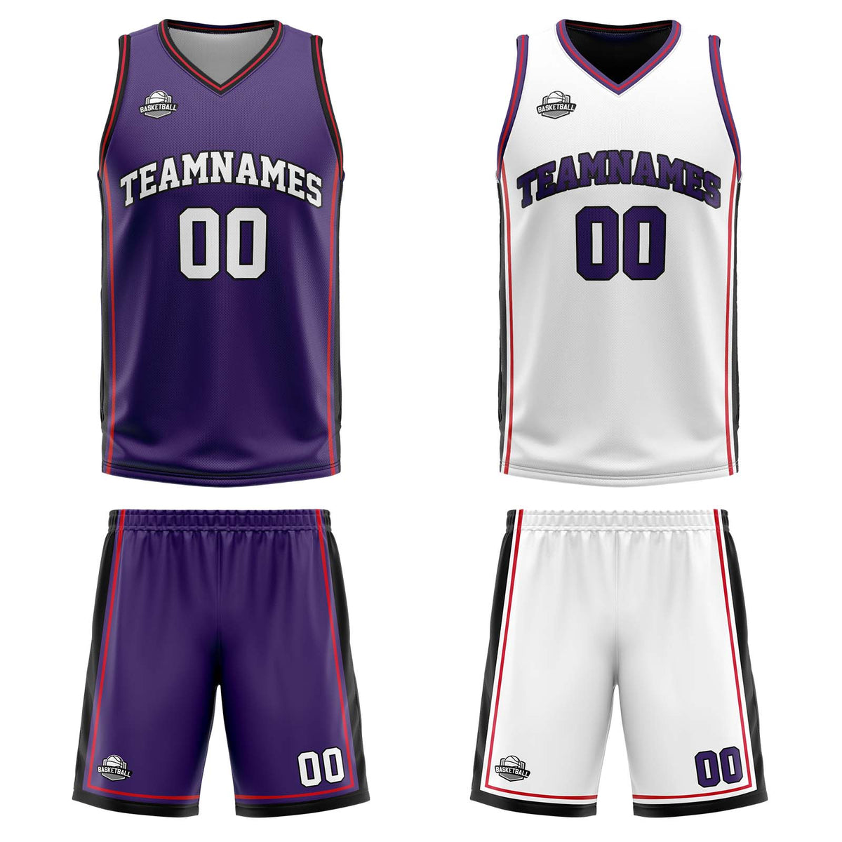 Benutzerdefinierte Lila Weiß Rot Reversible Basketball Jersey Personalisierte Print Name Nummer Logo