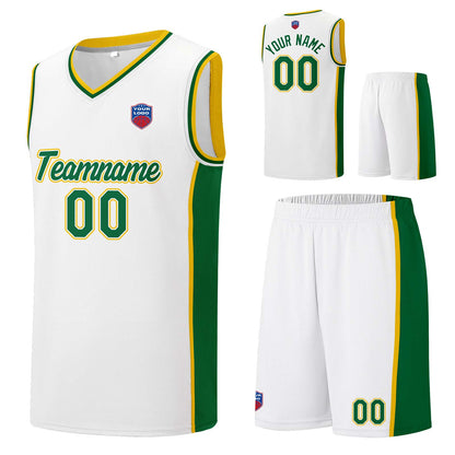 Individuelle Basketball-Jersey-Shorts für Männer und Frauen. Gestickter und gedruckter Name, Nummer und Logo Weiß&Grün&Gelb