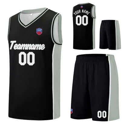 Individuelle Basketball-Jersey-Shorts für Männer und Frauen. Gestickter und gedruckter Name, Nummer und Logo Schwarz&Grau