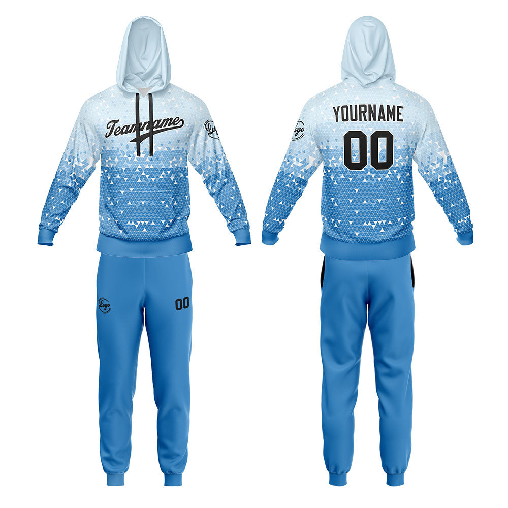 Benutzerdefiniert Hellblau Tarnung Sport Jersey Satz Trainingsanzug Zur Seite fahren Kapuzenpullover Oberteile und Hose Satz Königlich