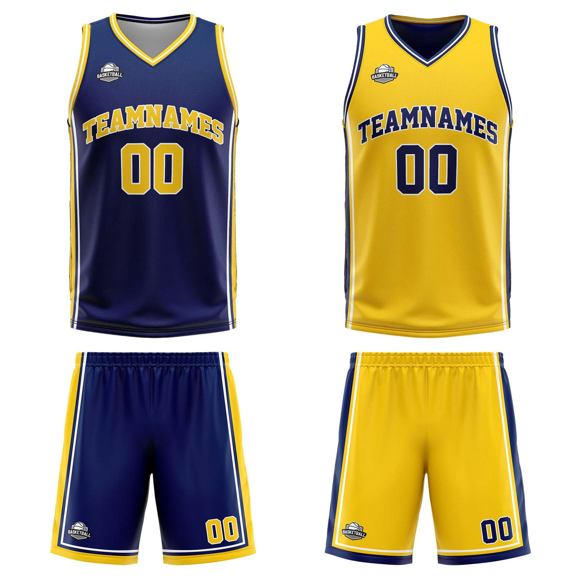 Benutzerdefinierte Marine Gelb Reversible Basketball Jersey Personalisierte Print Name Nummer Logo