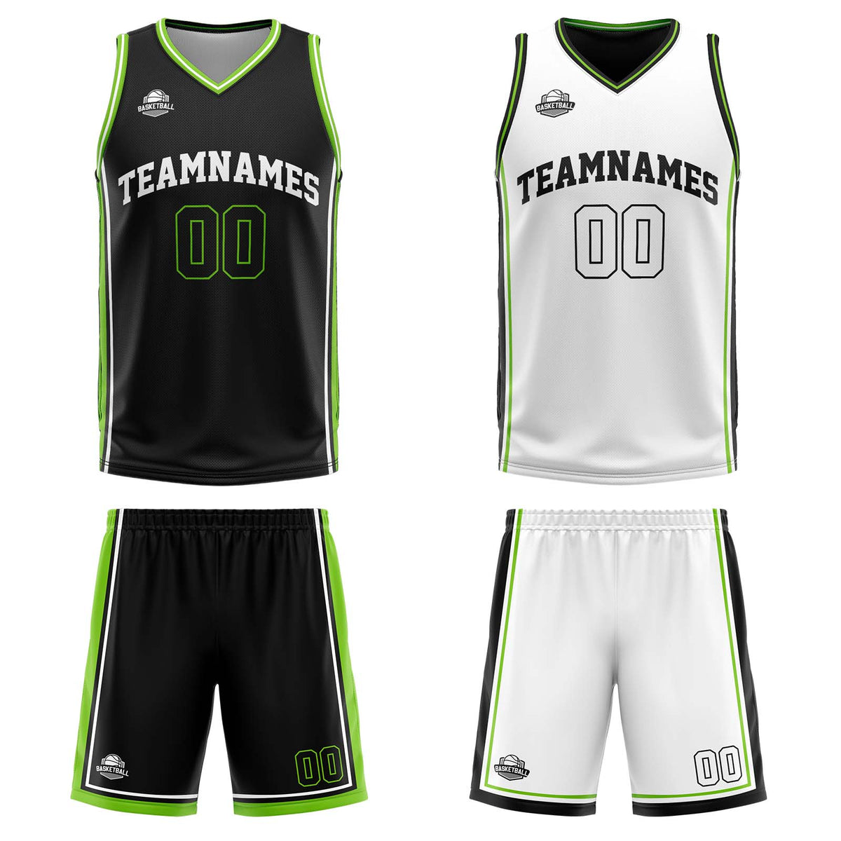 Benutzerdefinierte Schwarz Weiß Neon Grün Reversible Basketball Jersey Personalisierte Print Name Nummer Logo