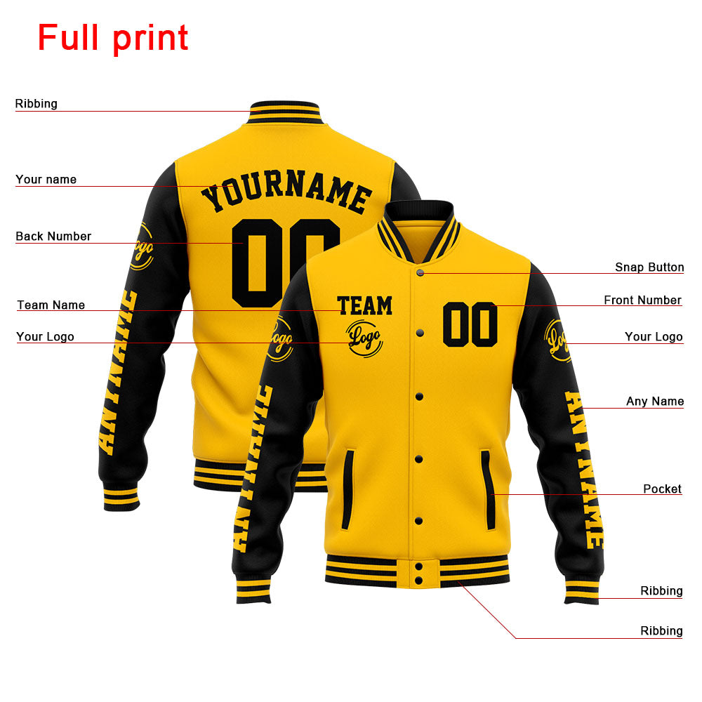 Benutzerdefinierte Varsity-Jacke. Letterman-Jacke für Männer, Frauen und Jugendliche Gelb Schwarz
