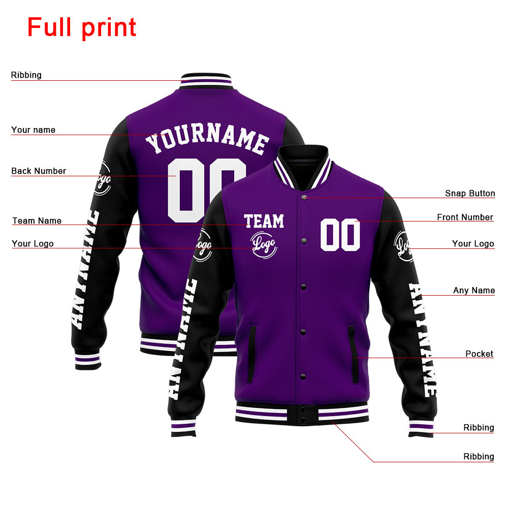 Benutzerdefinierte Varsity-Jacke. Letterman-Jacke für Männer, Frauen und Jugendliche Lila Schwarz