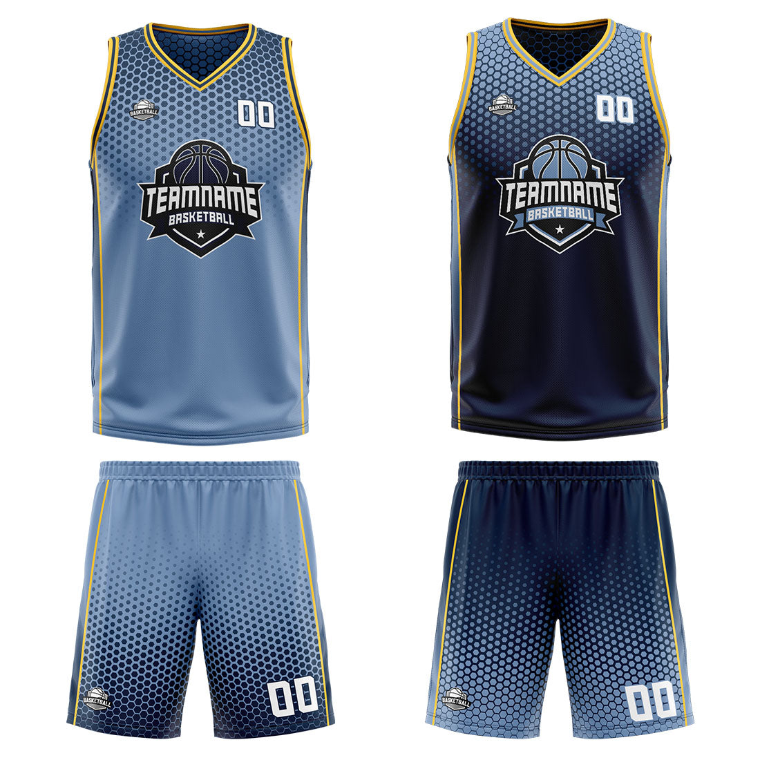 Benutzerdefinierte Staubiges Blau Marine Gelb Reversible Basketball Jersey Personalisierte Print Name Nummer Logo
