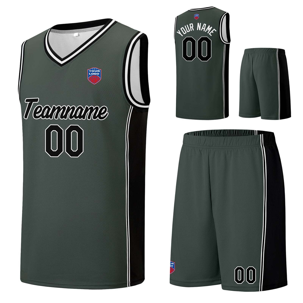 Individuelle Basketball-Jersey-Shorts für Männer und Frauen. Gestickter und gedruckter Name, Nummer und Logo Grau&Schwarz
