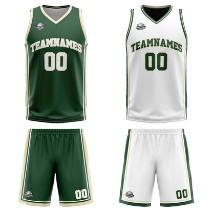 Benutzerdefinierte Dunkelgrün Weiß Creme Reversible Basketball Jersey Personalisierte Print Name Nummer Logo