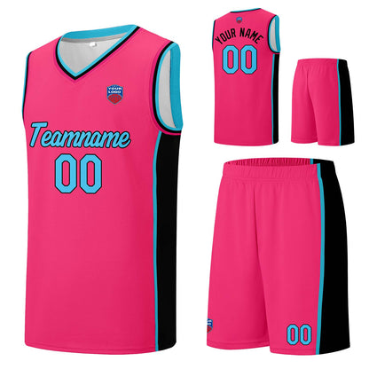 Individuelle Basketball-Jersey-Shorts für Männer und Frauen. Gestickter und gedruckter Name, Nummer und Logo Rosa&Schwarz&Hellblau