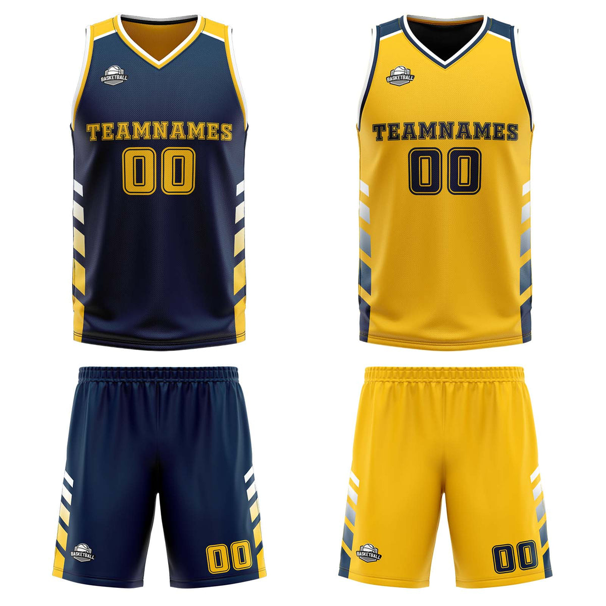 Benutzerdefinierte Marineblau Gelb Weiß Reversible Basketball Jersey Personalisierte Print Name Nummer Logo