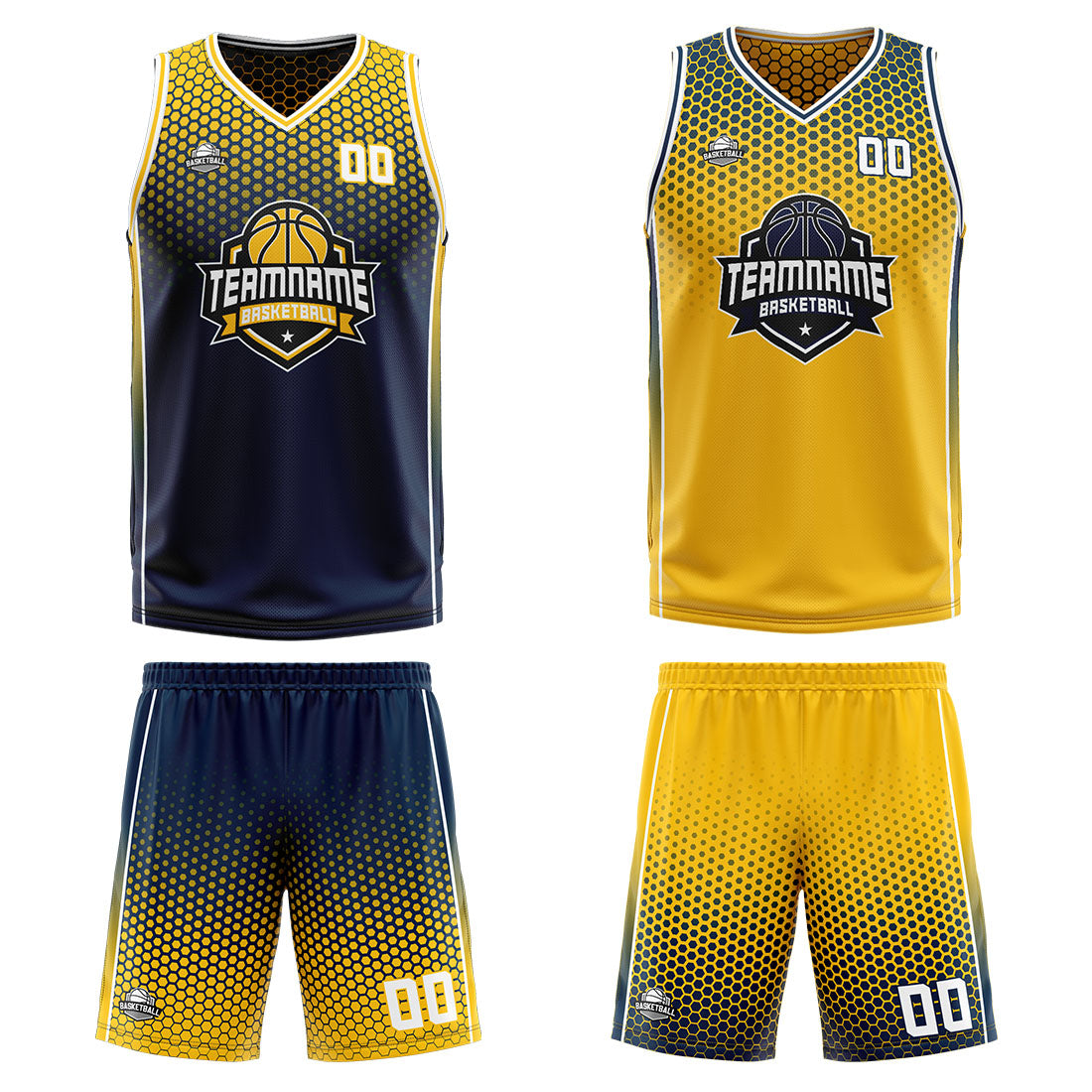 Benutzerdefinierte Marine Gelb Reversible Basketball Jersey Personalisierte Print Name Nummer Logo