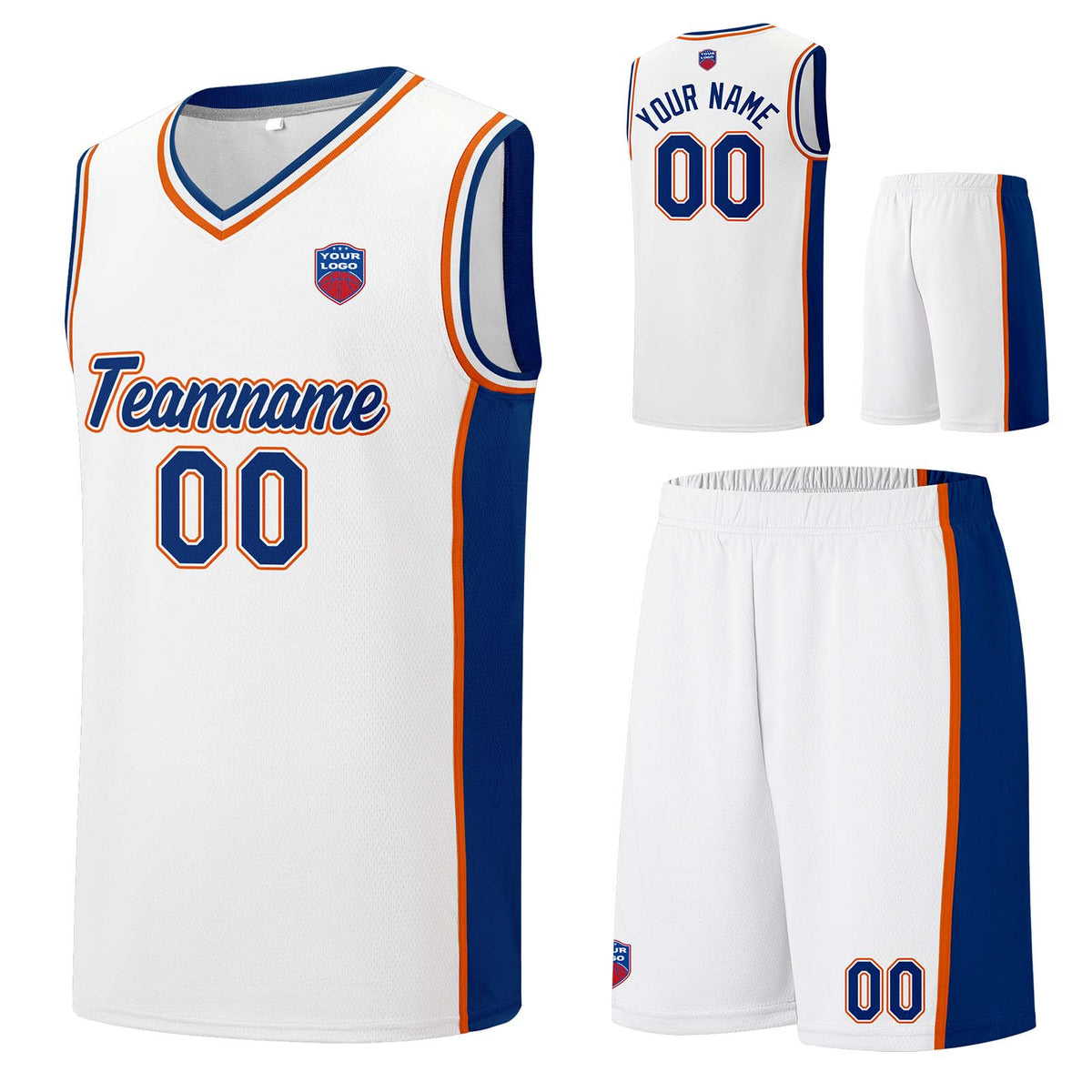 Individuelle Basketball-Jersey-Shorts für Männer und Frauen. Gestickter und gedruckter Name, Nummer und Logo Weiß&Royal&Orange